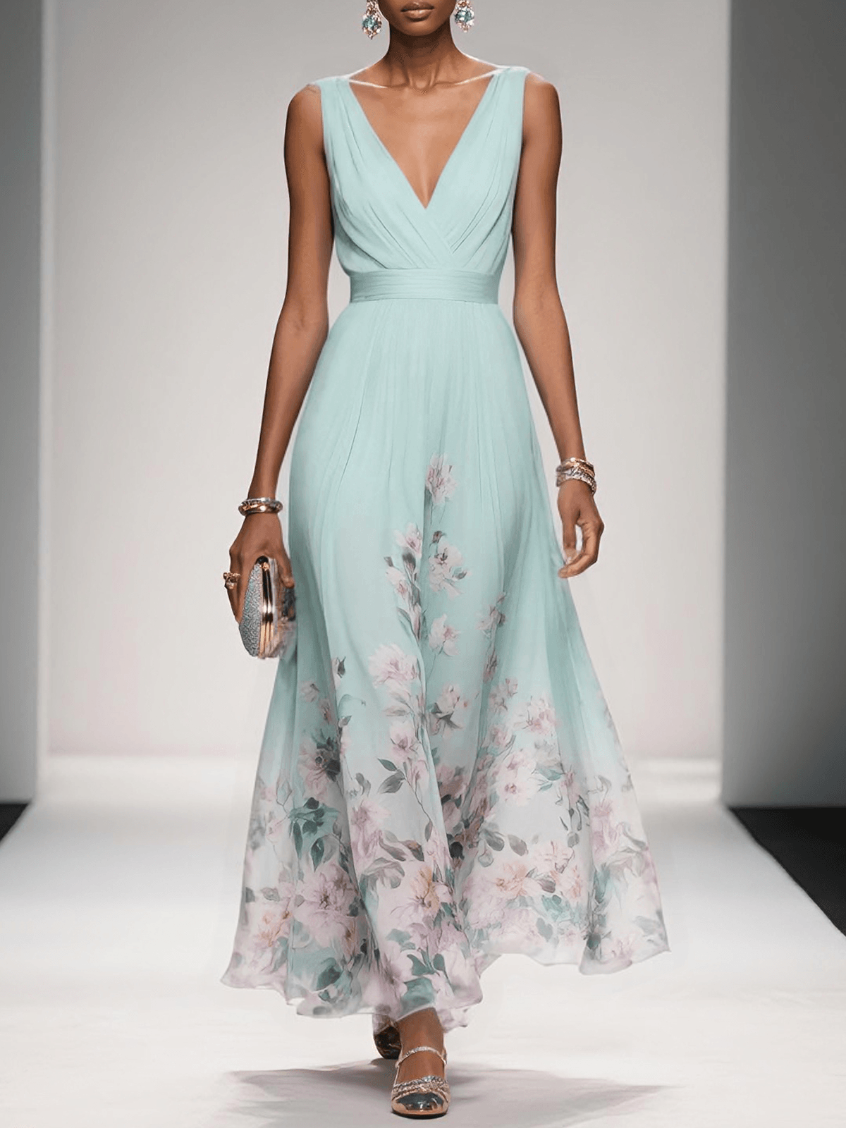 Rosa | Chiffon Chiffon Maxikleid Hellblau mit V-Ausschnitt