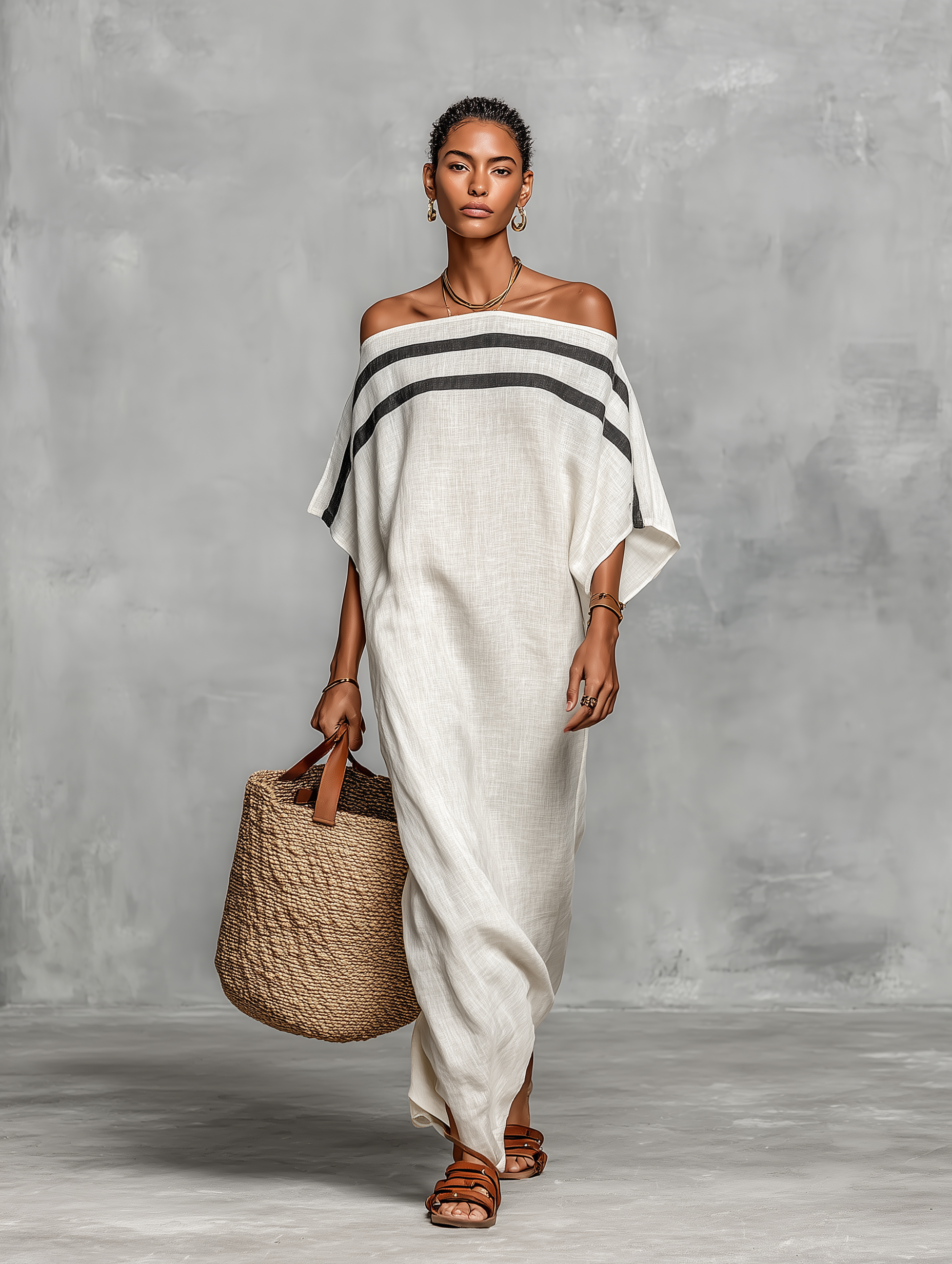 Minimalistisches Maxikleid aus Leinen für Frauen mit Off-the-Shoulder-Ausschnitt und Chauvet-Maus-Ärmeln