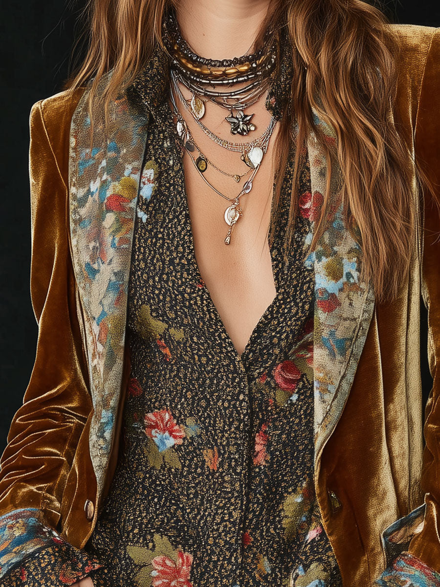Damen Vintage-Blazer mit floralem Patchwork-Print