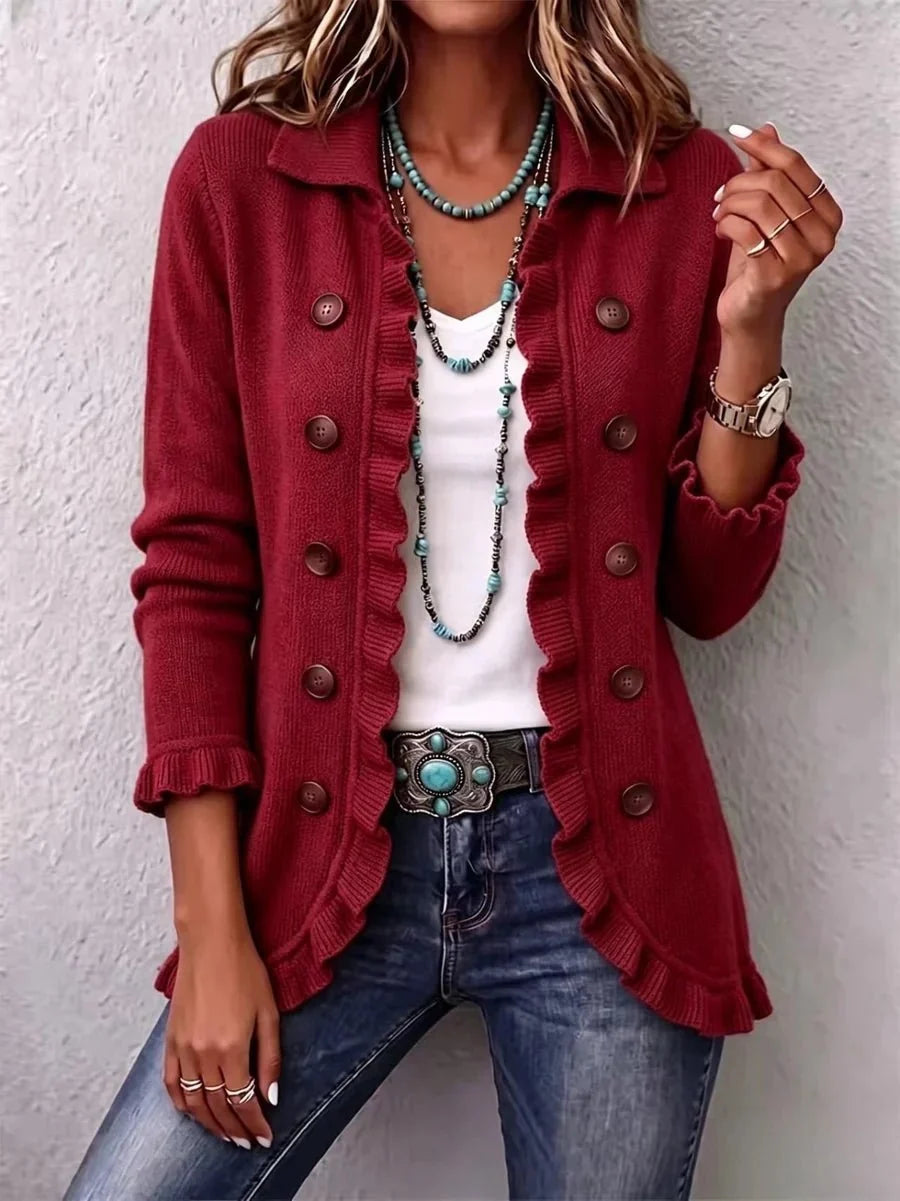 Rosalie | Rubinrote Rippstrick-Rüschenjacke