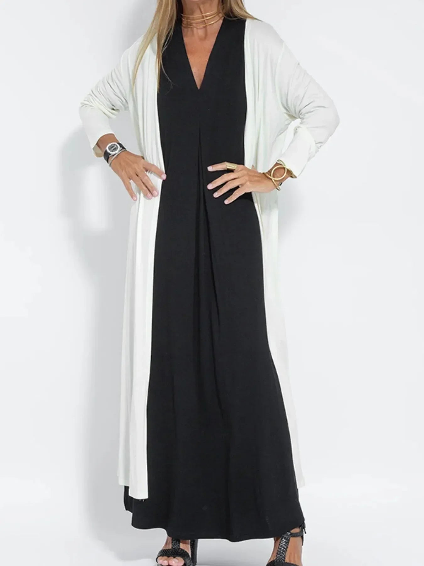 Ärmelloses Maxikleid mit V-Ausschnitt und Schlitz Große Größen