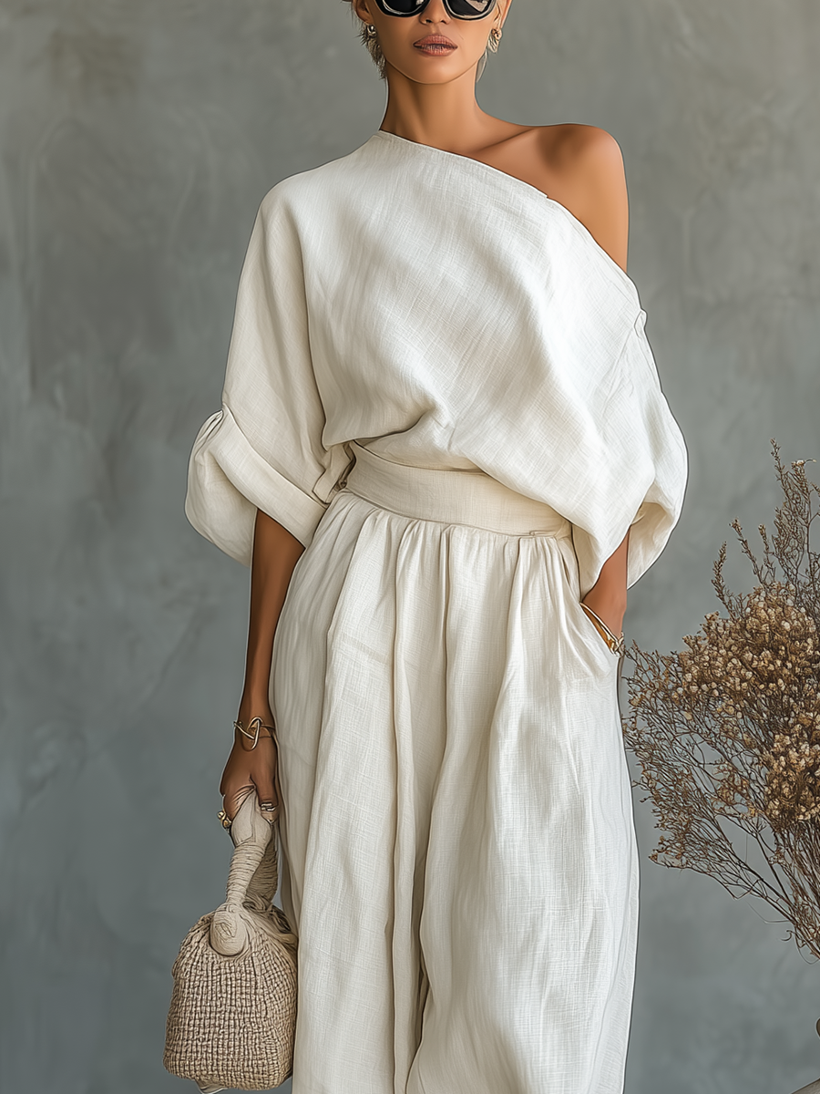 Set für Frauen aus Leinen in Weiß mit Bardot-Ausschnitt und Tapered Pants