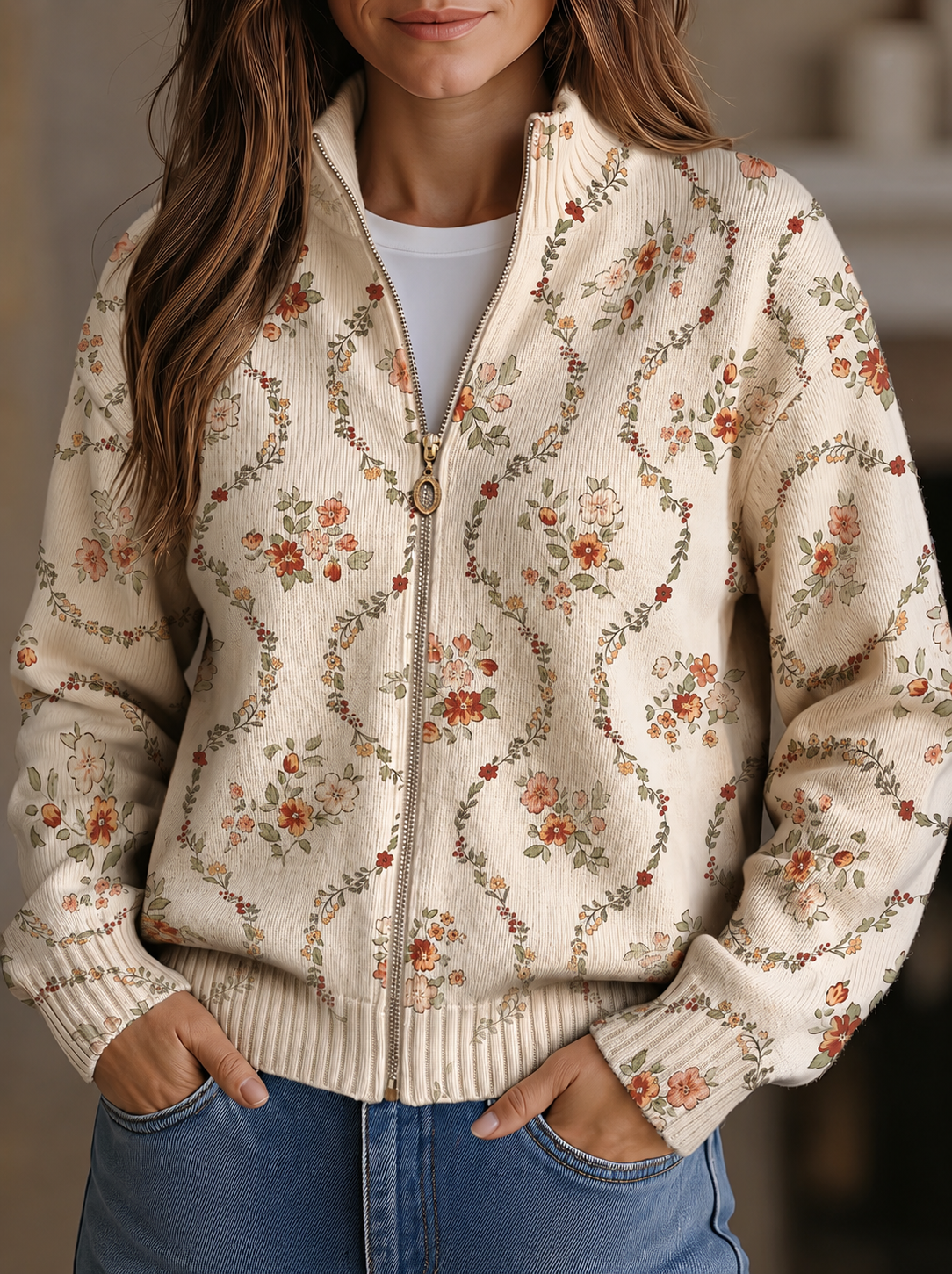 Persephone™ | Cardigan mit zartem floralem Efeu-Print in Creme
