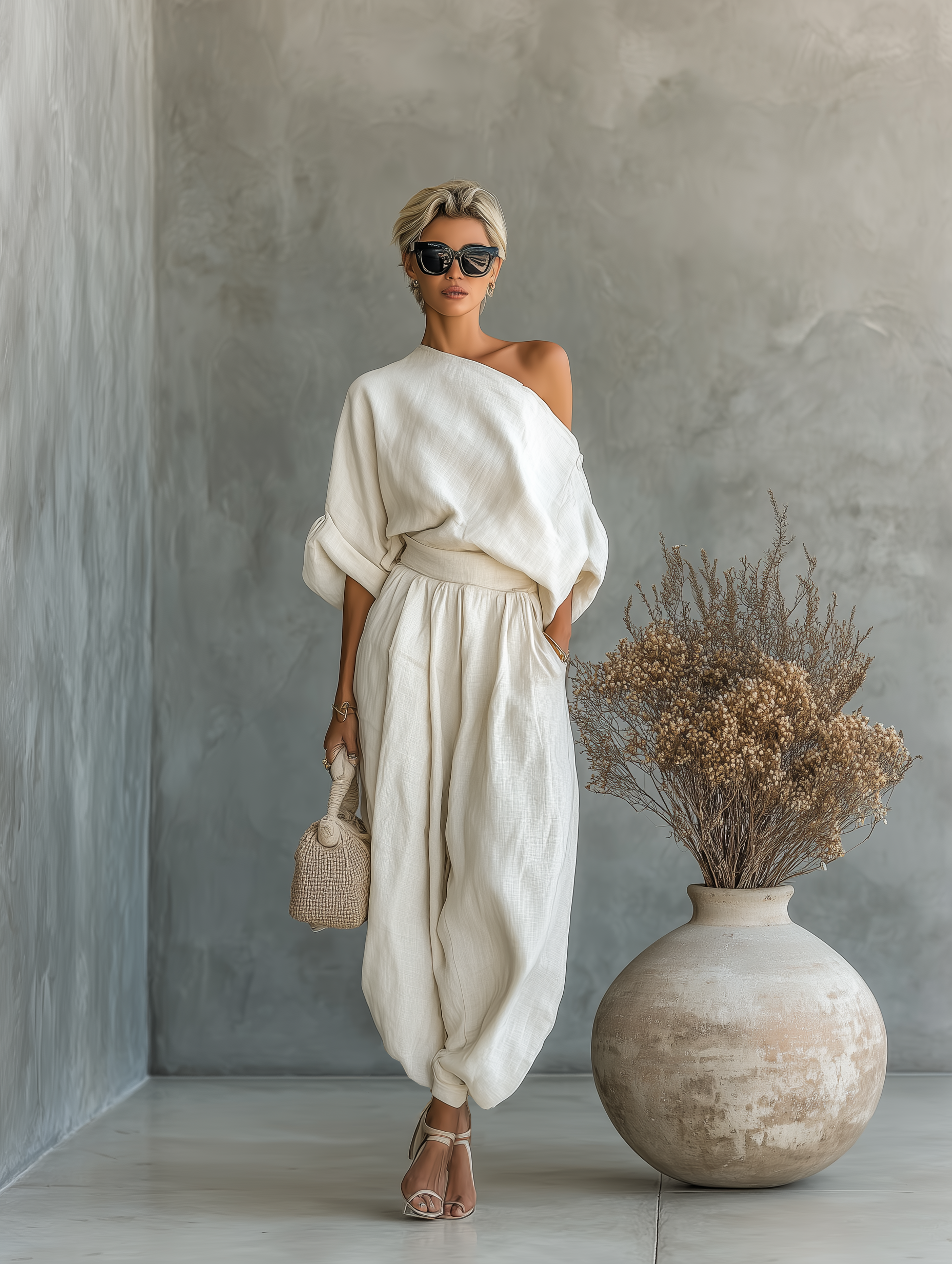 Set für Frauen aus Leinen in Weiß mit Bardot-Ausschnitt und Tapered Pants