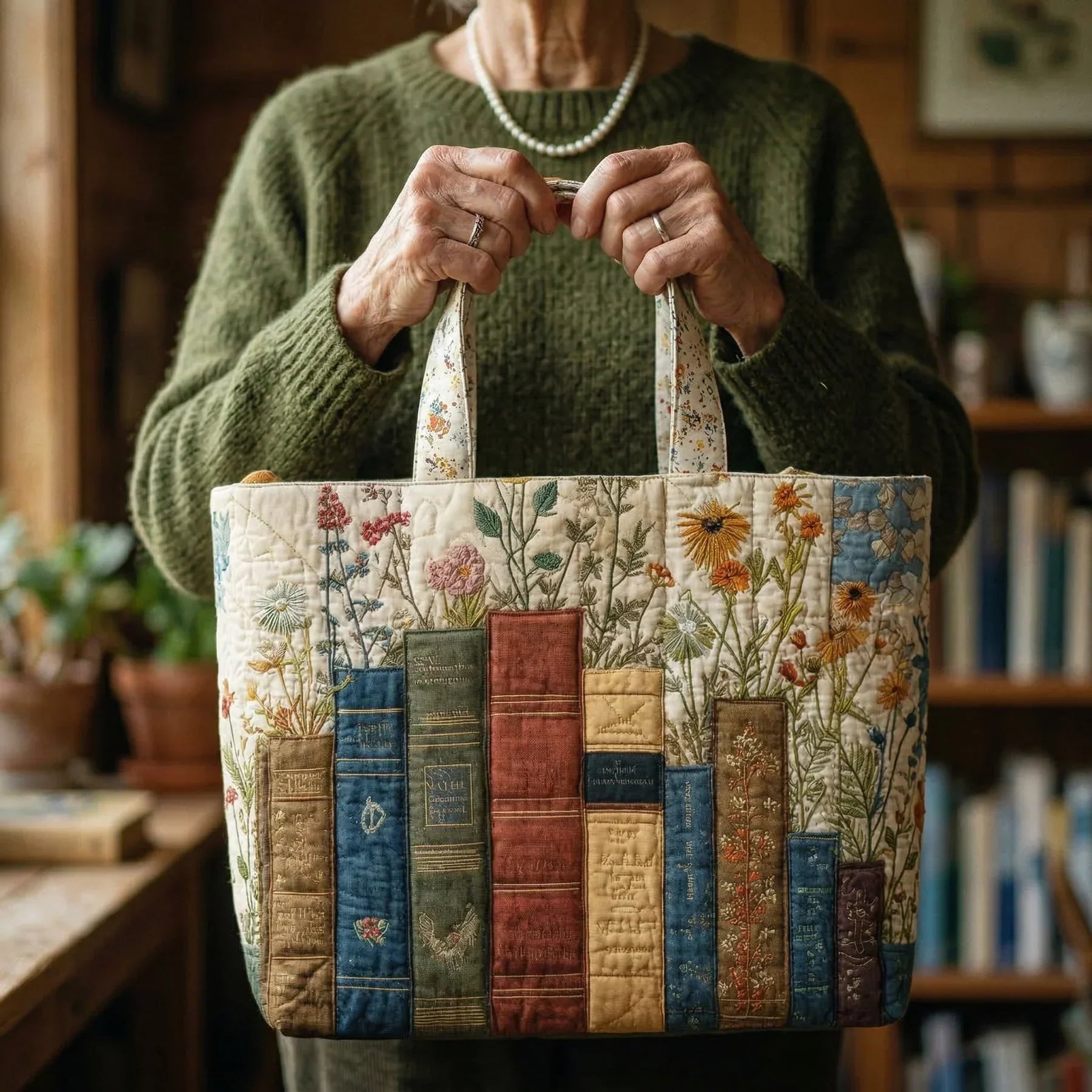 Handgefertigte, gepolsterte Tasche - Bücher und Blumen
