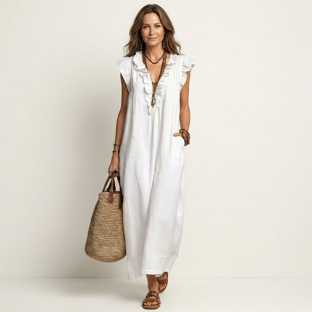Josette | Maxikleid aus Leinen mit Rüschen und V-Ausschnitt