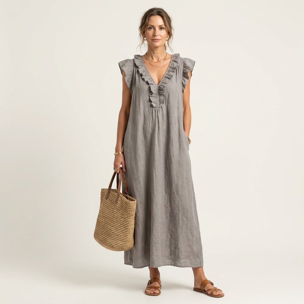 Josette | Maxikleid aus Leinen mit Rüschen und V-Ausschnitt