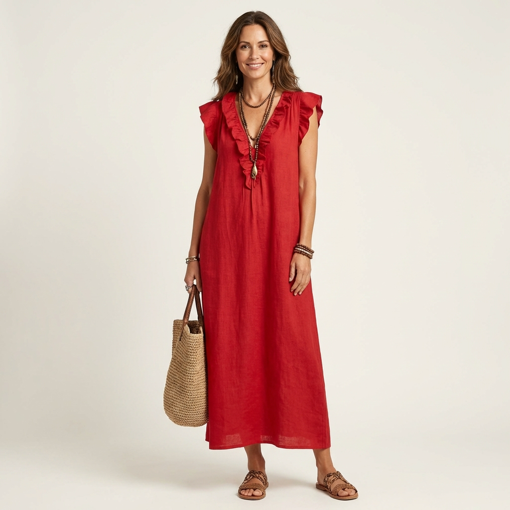 Josette | Maxikleid aus Leinen mit Rüschen und V-Ausschnitt
