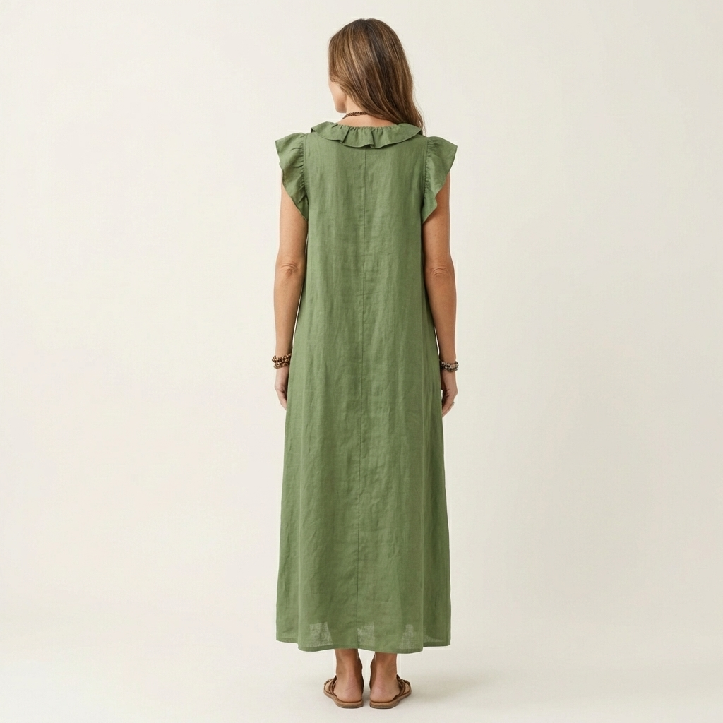 Anita – Langes Kleid mit V-Ausschnitt und Rüschen