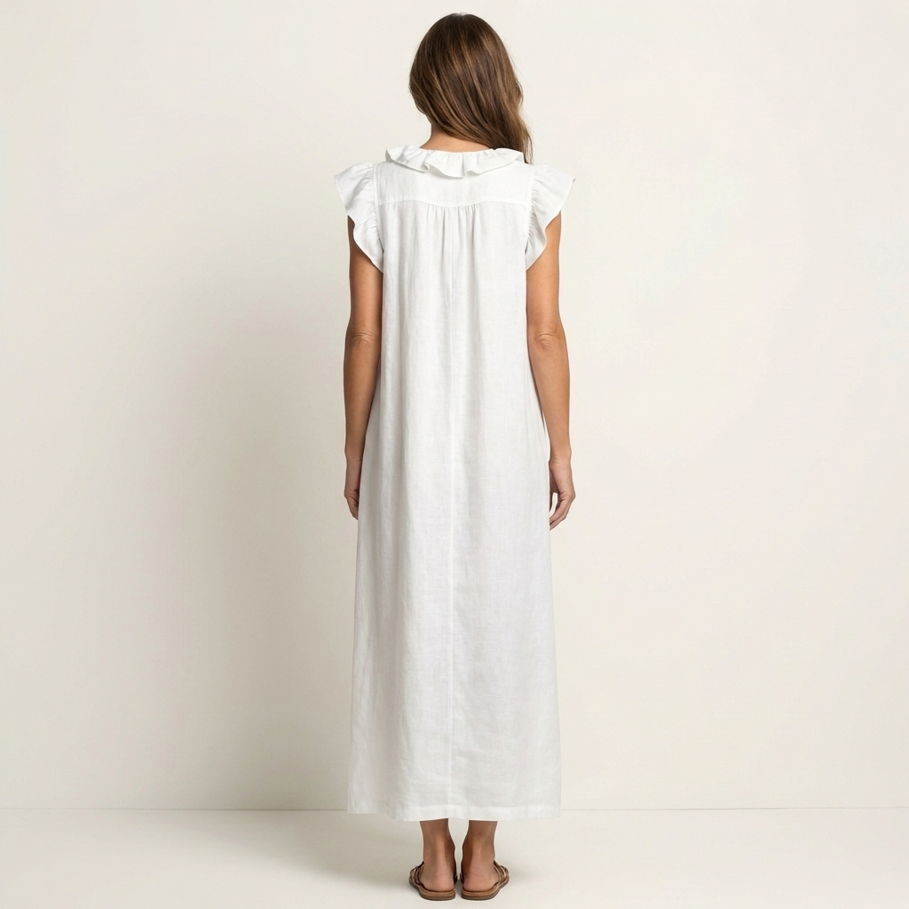 Josette | Maxikleid aus Leinen mit Rüschen und V-Ausschnitt