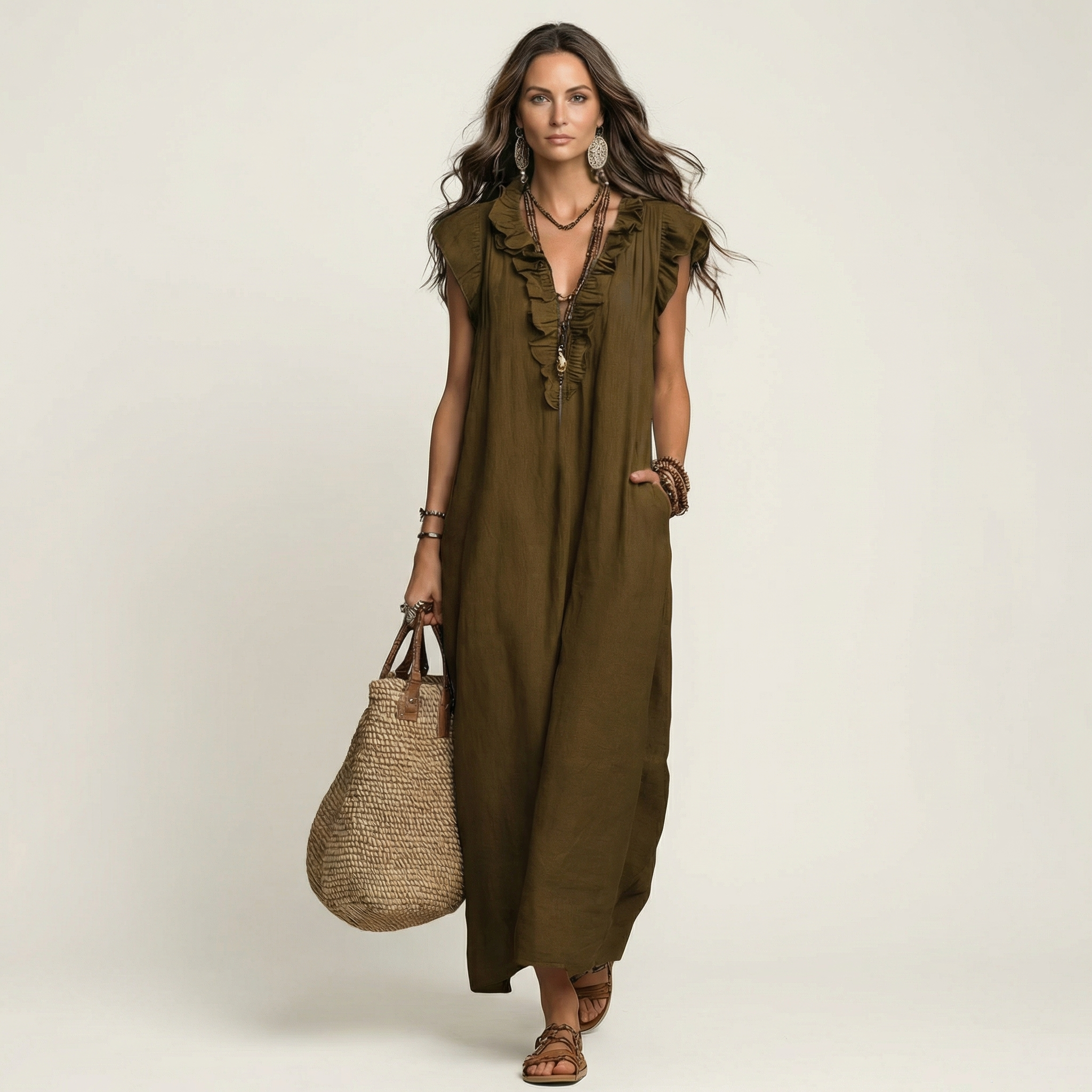 Josette | Maxikleid aus Leinen mit Rüschen und V-Ausschnitt