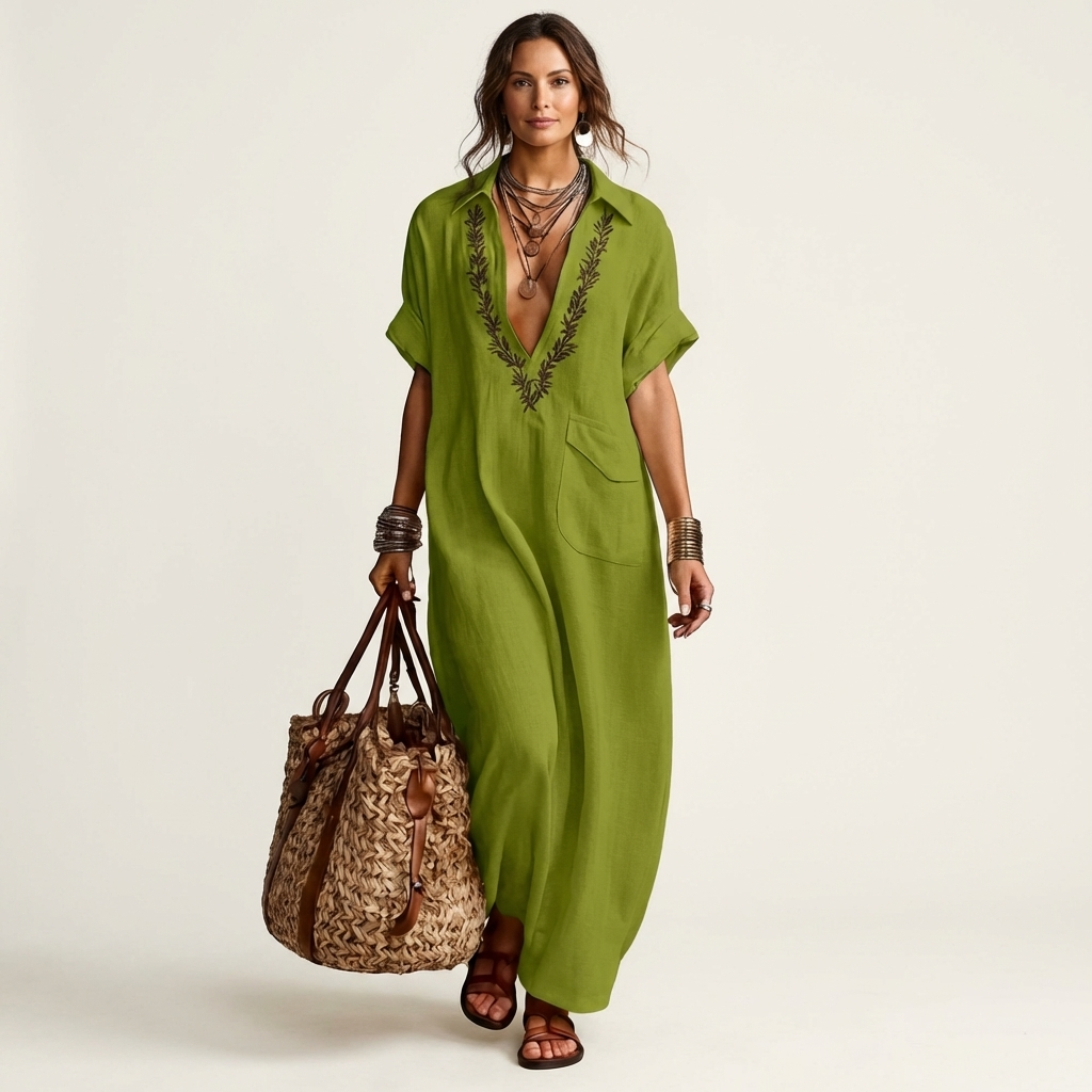 Amarina | Maxikleid aus Leinen mit besticktem V-Ausschnitt