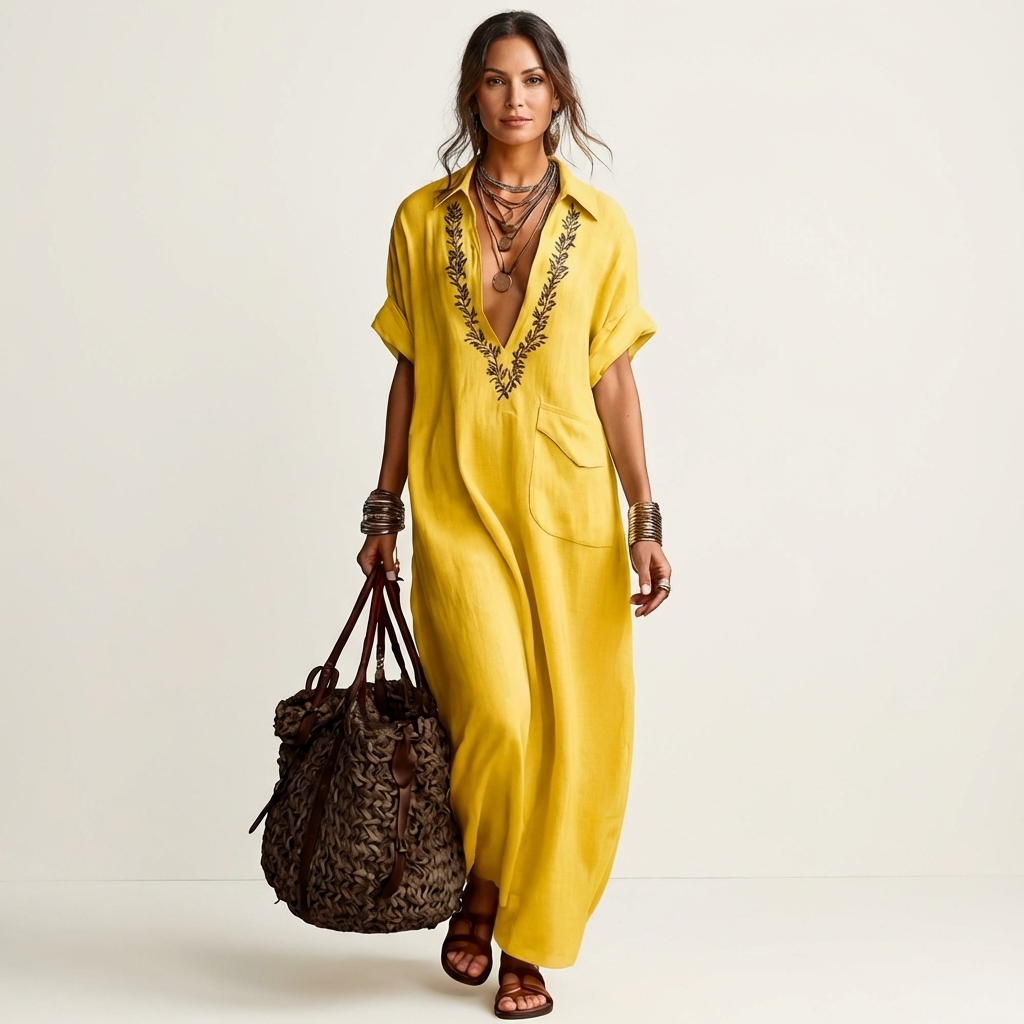 Amarina | Maxikleid aus Leinen mit besticktem V-Ausschnitt