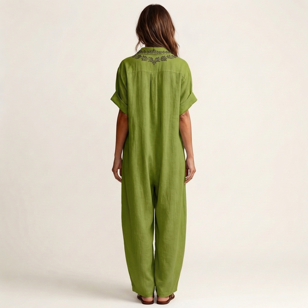 Amarina | Maxikleid aus Leinen mit besticktem V-Ausschnitt