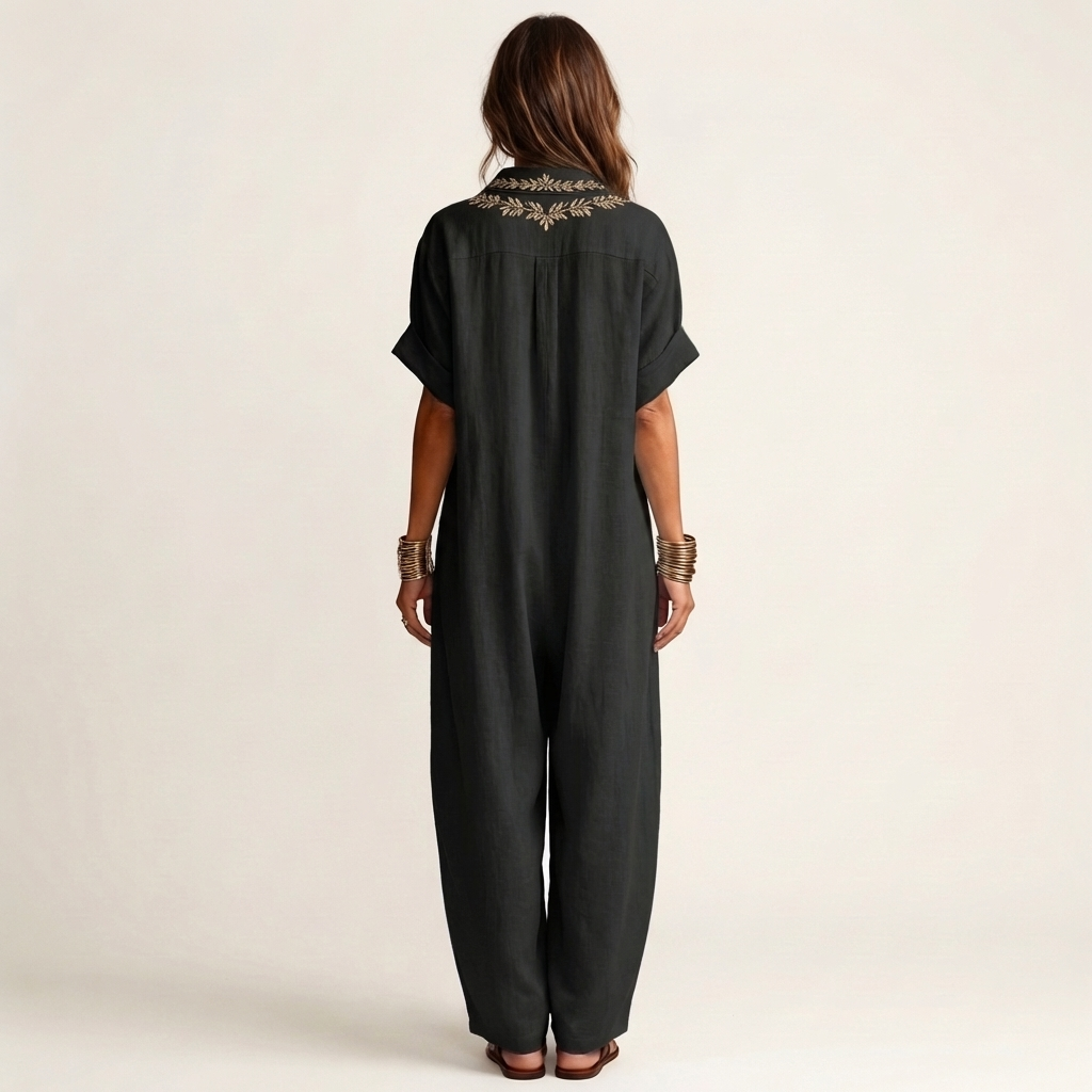 Amarina | Maxikleid aus Leinen mit besticktem V-Ausschnitt