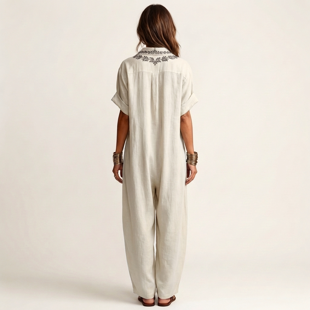 Amarina | Maxikleid aus Leinen mit besticktem V-Ausschnitt