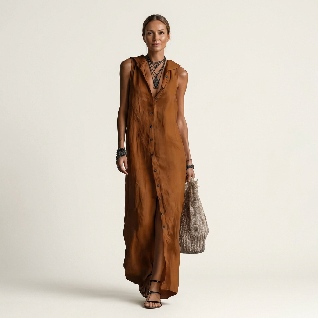 Mirabell | Ärmelloses Leinen-Maxikleid mit Kapuze und Knopfleiste vorne