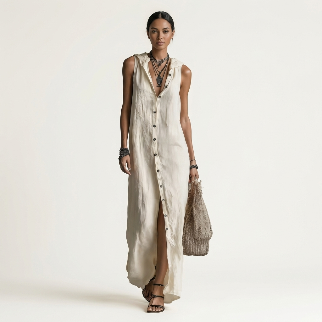 Mirabell | Ärmelloses Leinen-Maxikleid mit Kapuze und Knopfleiste vorne