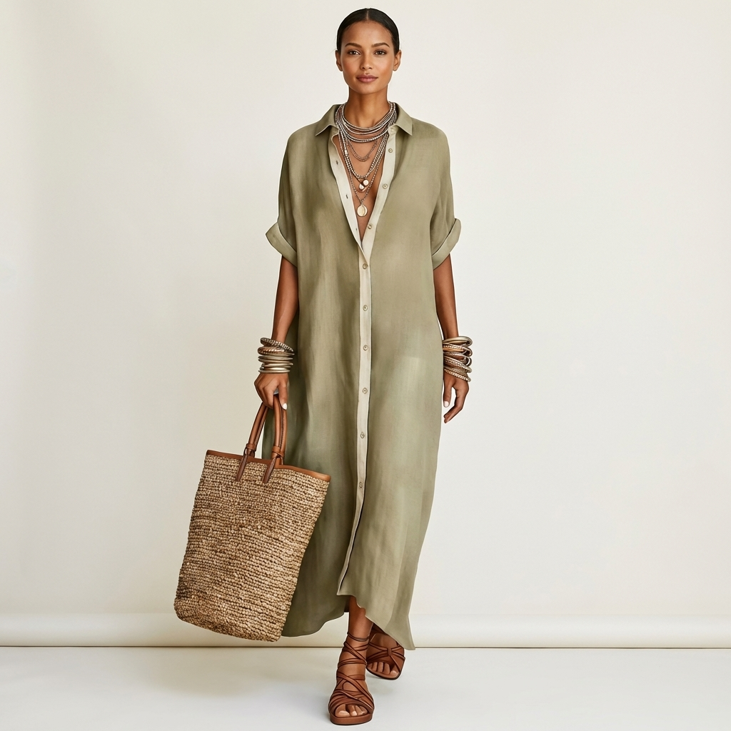 Kamira | Maxikleid im Hemdstil mit kontrastierendem Kragen, Knopfleiste und kurzen Ärmeln