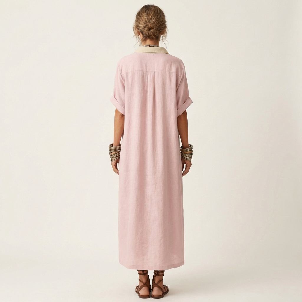 Kamira | Maxikleid im Hemdstil mit kontrastierendem Kragen, Knopfleiste und kurzen Ärmeln