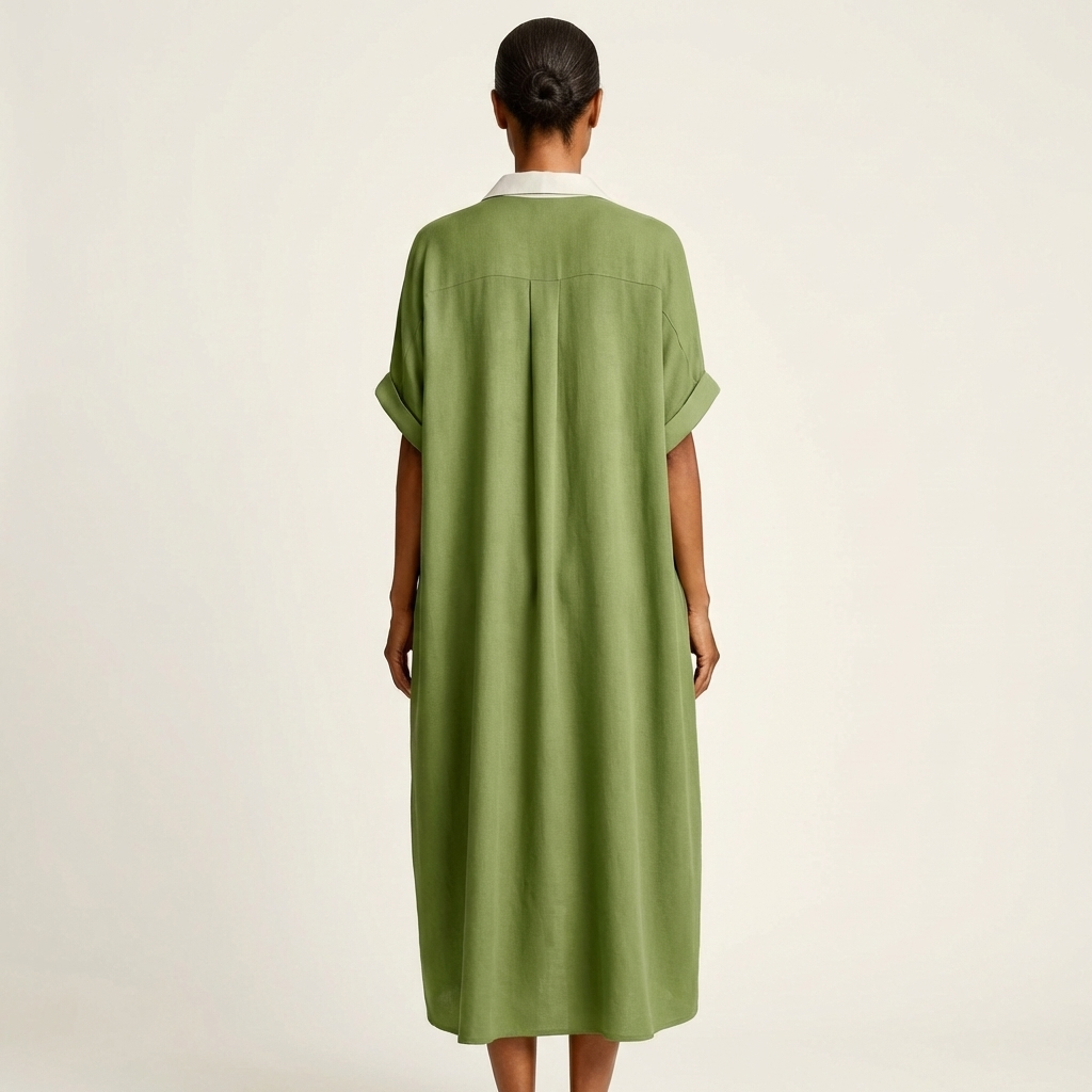 Kamira | Maxikleid im Hemdstil mit kontrastierendem Kragen, Knopfleiste und kurzen Ärmeln
