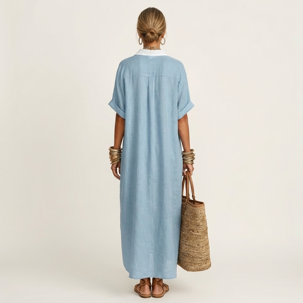 Kamira | Maxikleid im Hemdstil mit kontrastierendem Kragen, Knopfleiste und kurzen Ärmeln