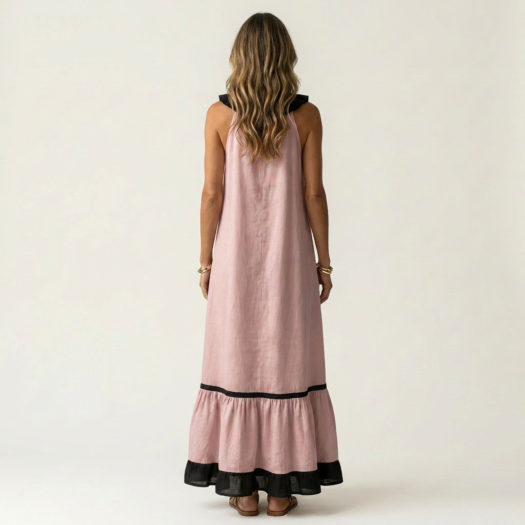 Mayline | Ärmelloses Maxikleid mit Rüschenausschnitt und Kontrastbesatz