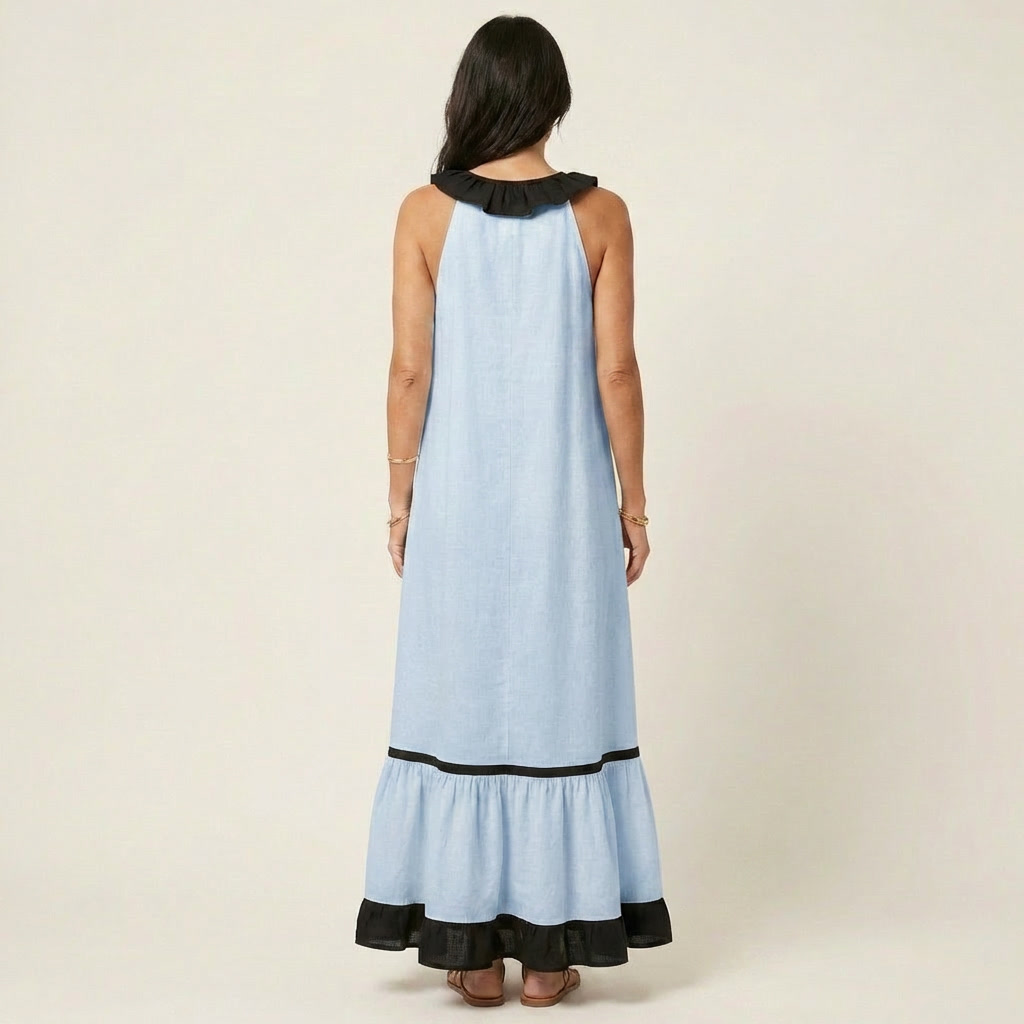 Mayline | Ärmelloses Maxikleid mit Rüschenausschnitt und Kontrastbesatz