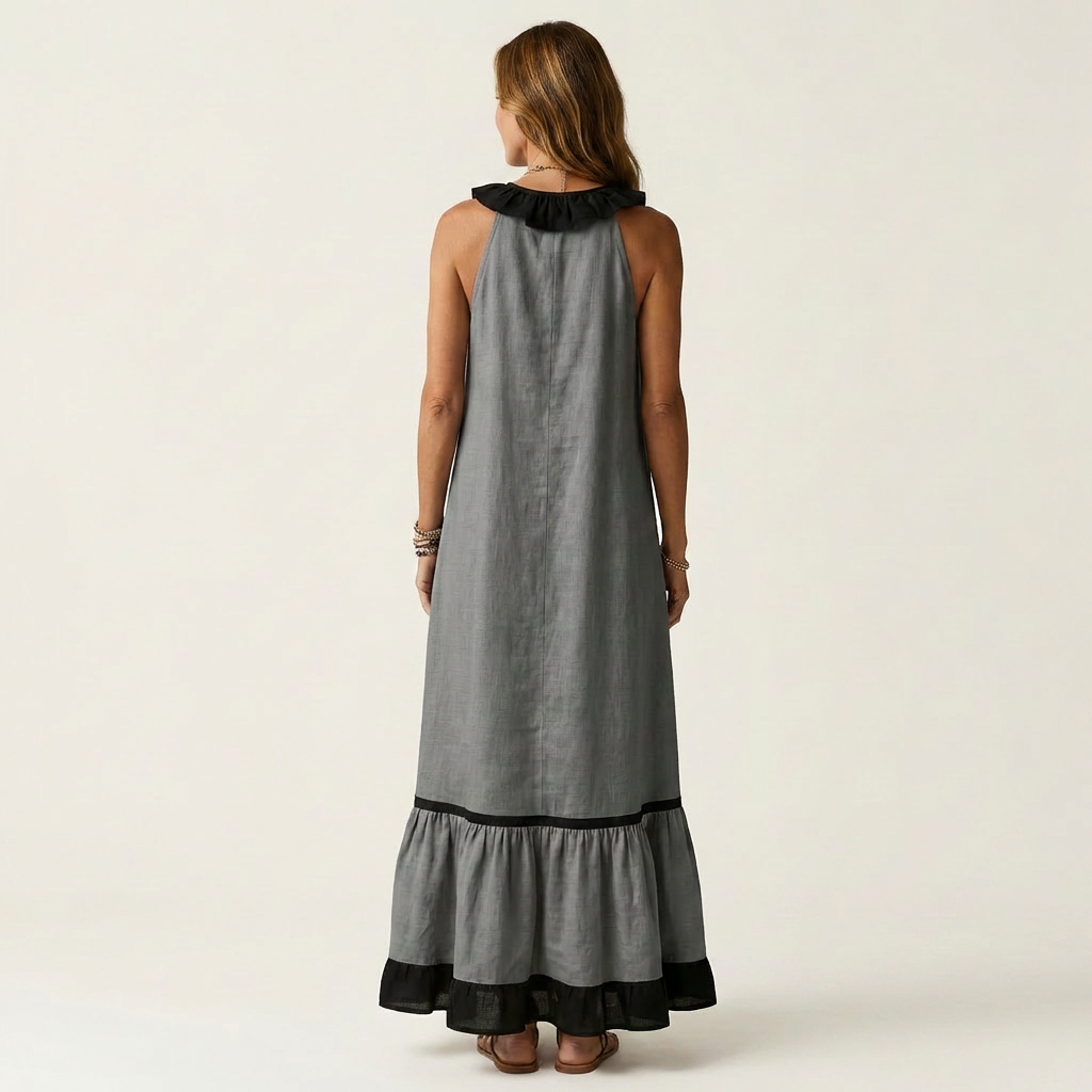 Mayline | Ärmelloses Maxikleid mit Rüschenausschnitt und Kontrastbesatz