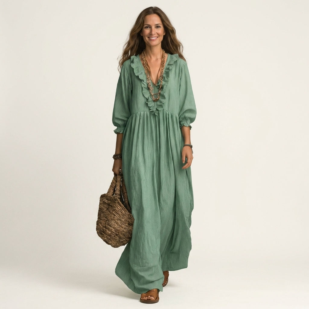 Yosetta | Gestreiftes Maxikleid mit Rüschen, V-Ausschnitt und Laternenärmeln