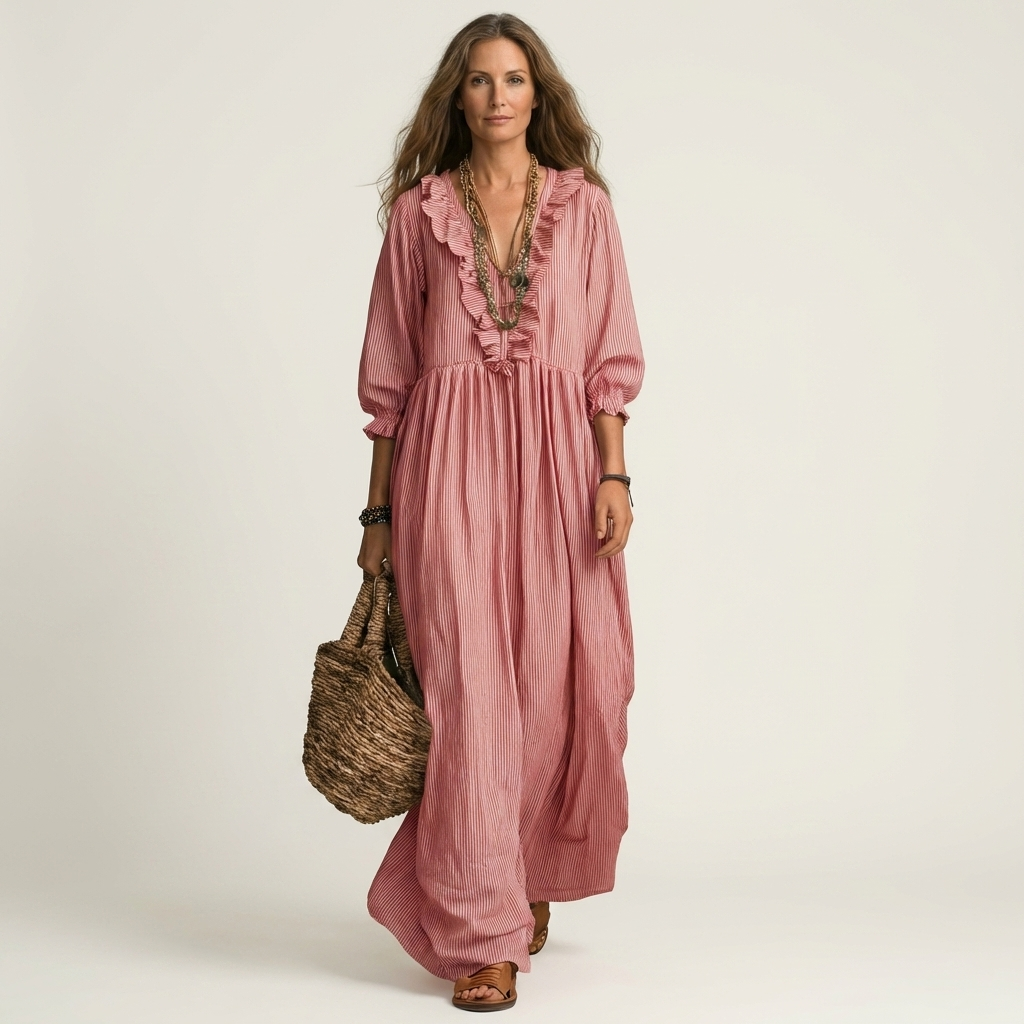 Yosetta | Gestreiftes Maxikleid mit Rüschen, V-Ausschnitt und Laternenärmeln