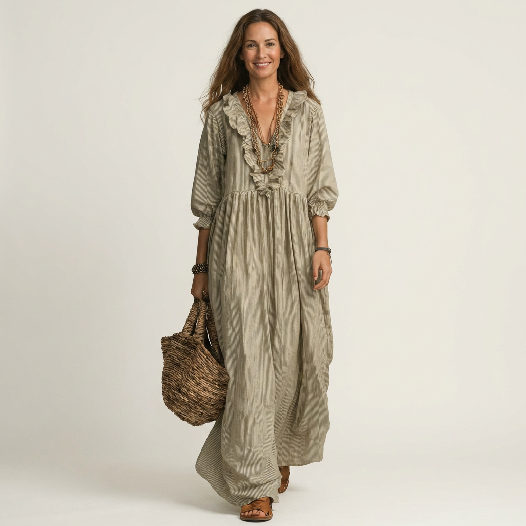 Yosetta | Gestreiftes Maxikleid mit Rüschen, V-Ausschnitt und Laternenärmeln