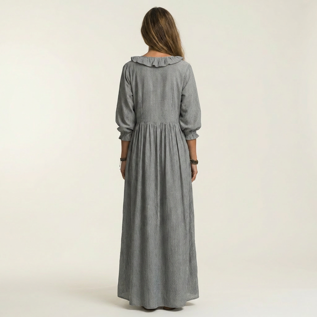 Yosetta | Gestreiftes Maxikleid mit Rüschen, V-Ausschnitt und Laternenärmeln