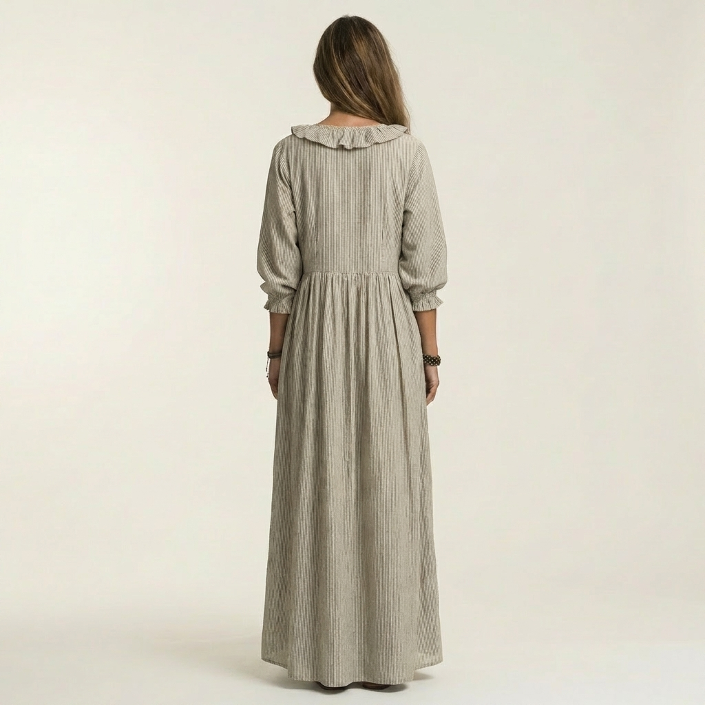 Yosetta | Gestreiftes Maxikleid mit Rüschen, V-Ausschnitt und Laternenärmeln