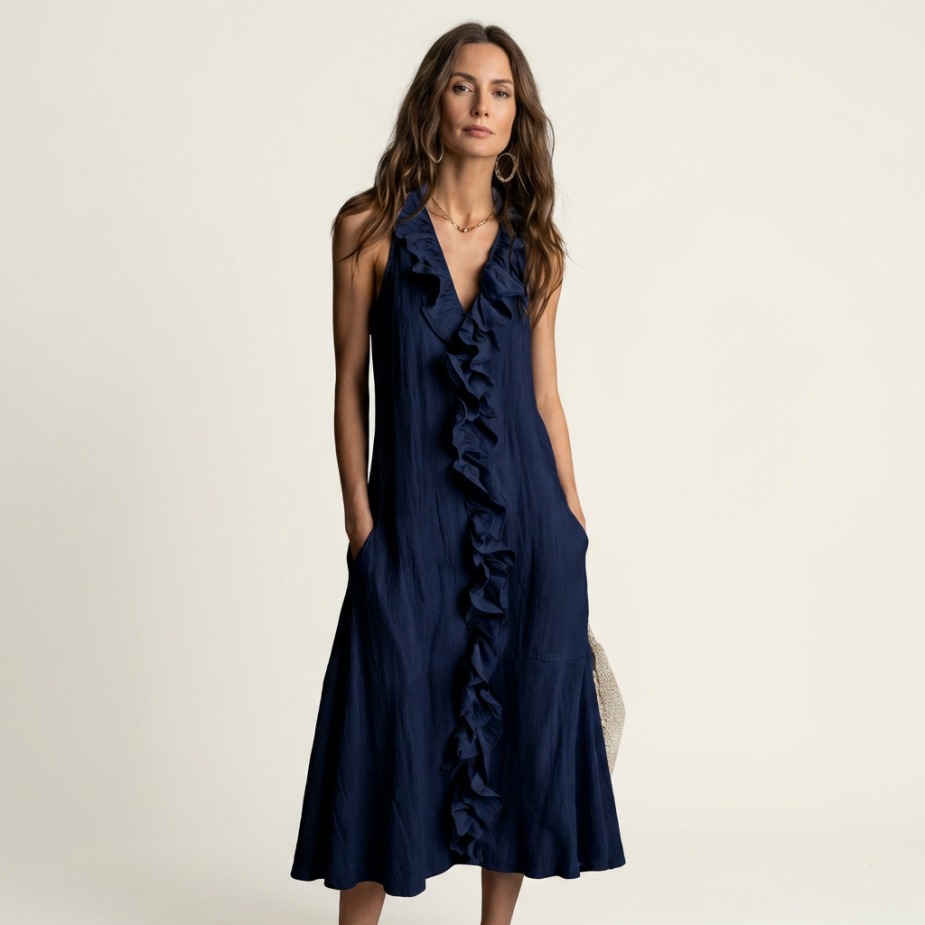 Vicky | Ärmelloses Leinen-Maxikleid mit Rüschenfront und V-Ausschnitt