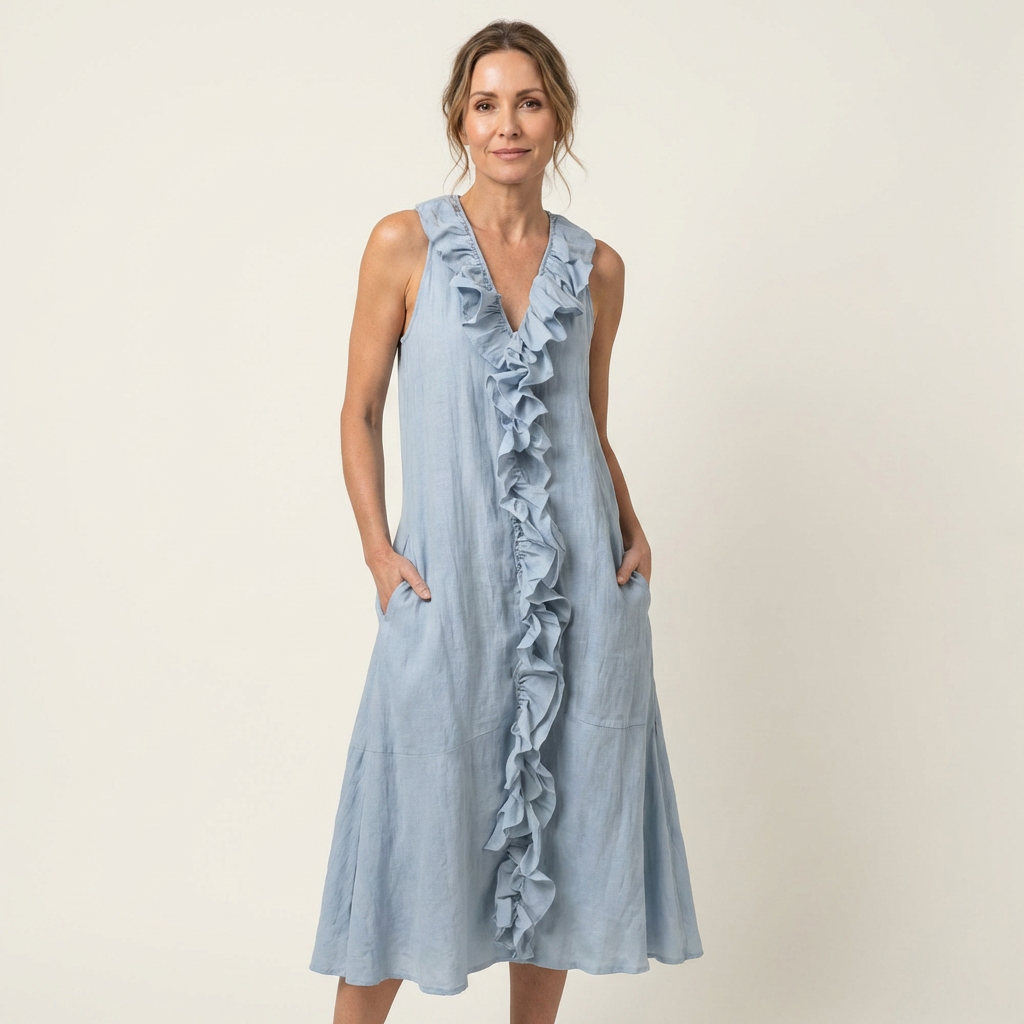 Vicky | Ärmelloses Leinen-Maxikleid mit Rüschenfront und V-Ausschnitt