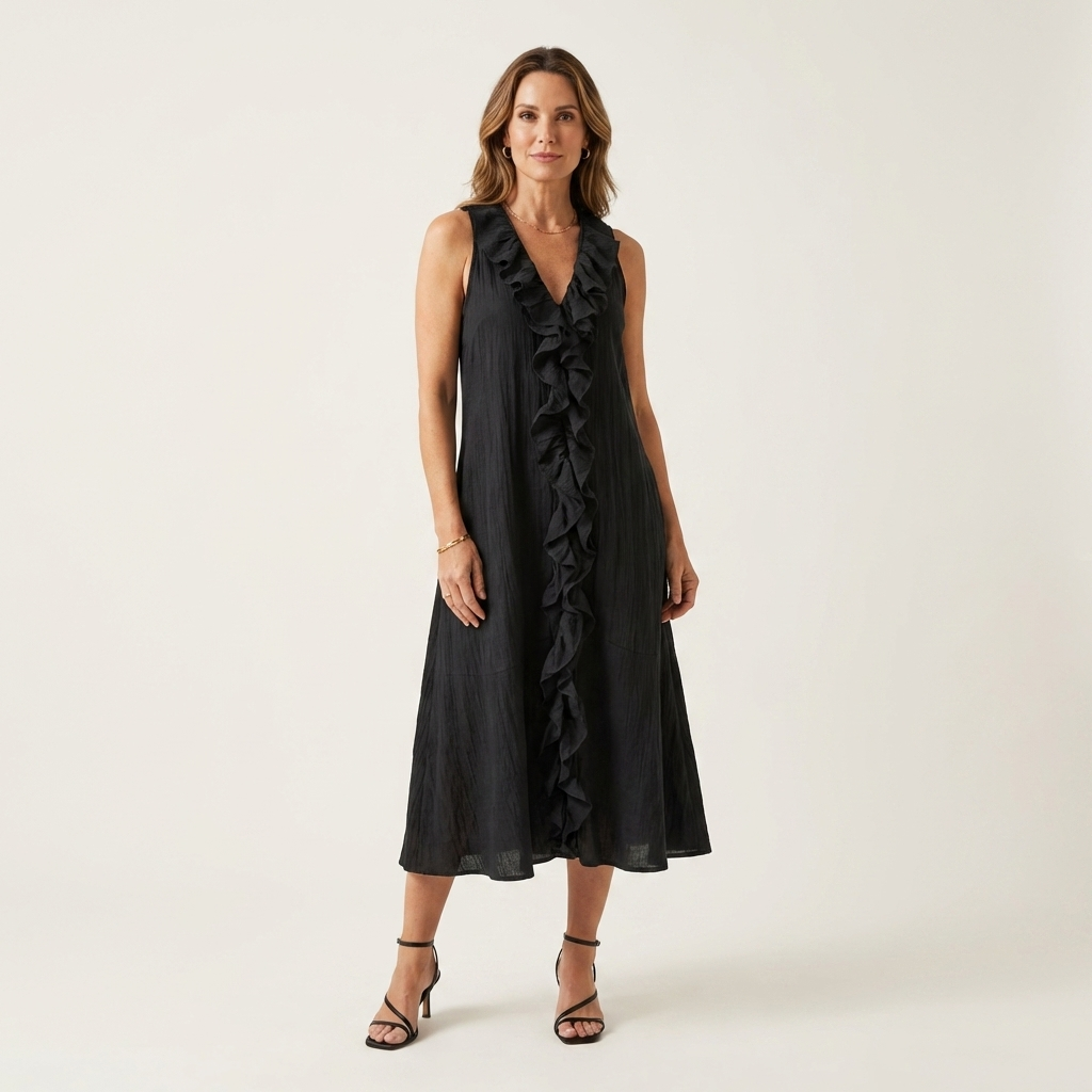 Vicky | Ärmelloses Leinen-Maxikleid mit Rüschenfront und V-Ausschnitt