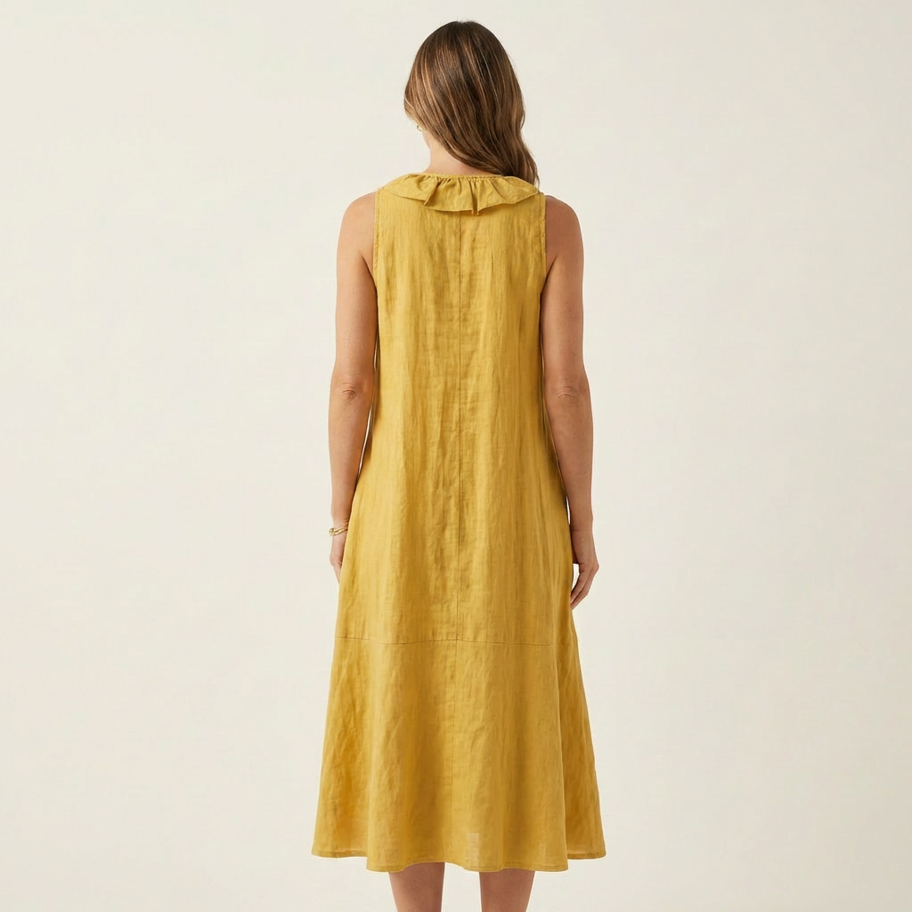 Vicky | Ärmelloses Leinen-Maxikleid mit Rüschenfront und V-Ausschnitt