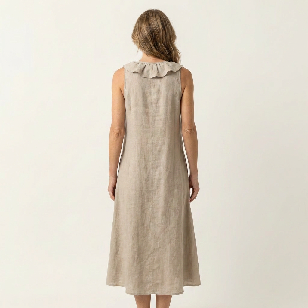 Vicky | Ärmelloses Leinen-Maxikleid mit Rüschenfront und V-Ausschnitt