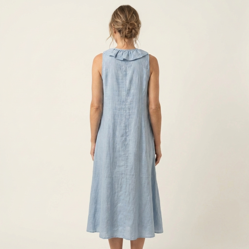 Vicky | Ärmelloses Leinen-Maxikleid mit Rüschenfront und V-Ausschnitt