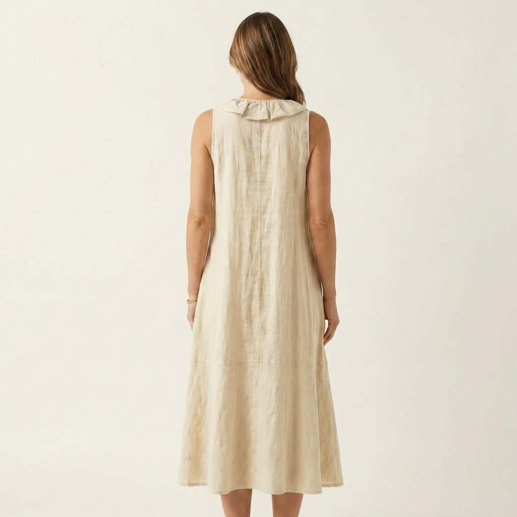 Vicky | Ärmelloses Leinen-Maxikleid mit Rüschenfront und V-Ausschnitt
