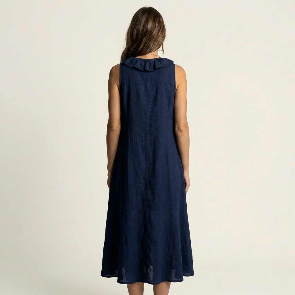Vicky | Ärmelloses Leinen-Maxikleid mit Rüschenfront und V-Ausschnitt