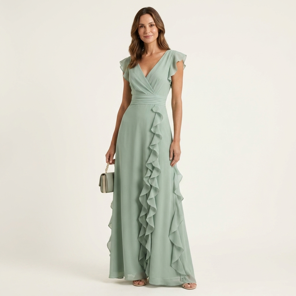 Nellyana | Maxikleid im Wickelstil mit V-Ausschnitt, flatternden Ärmeln und kaskadenförmigen Rüschen