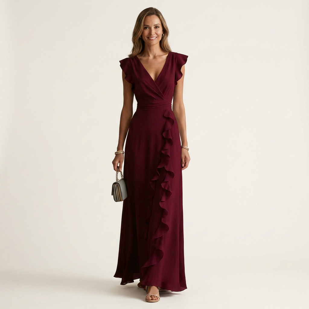 Nellyana | Maxikleid im Wickelstil mit V-Ausschnitt, flatternden Ärmeln und kaskadenförmigen Rüschen