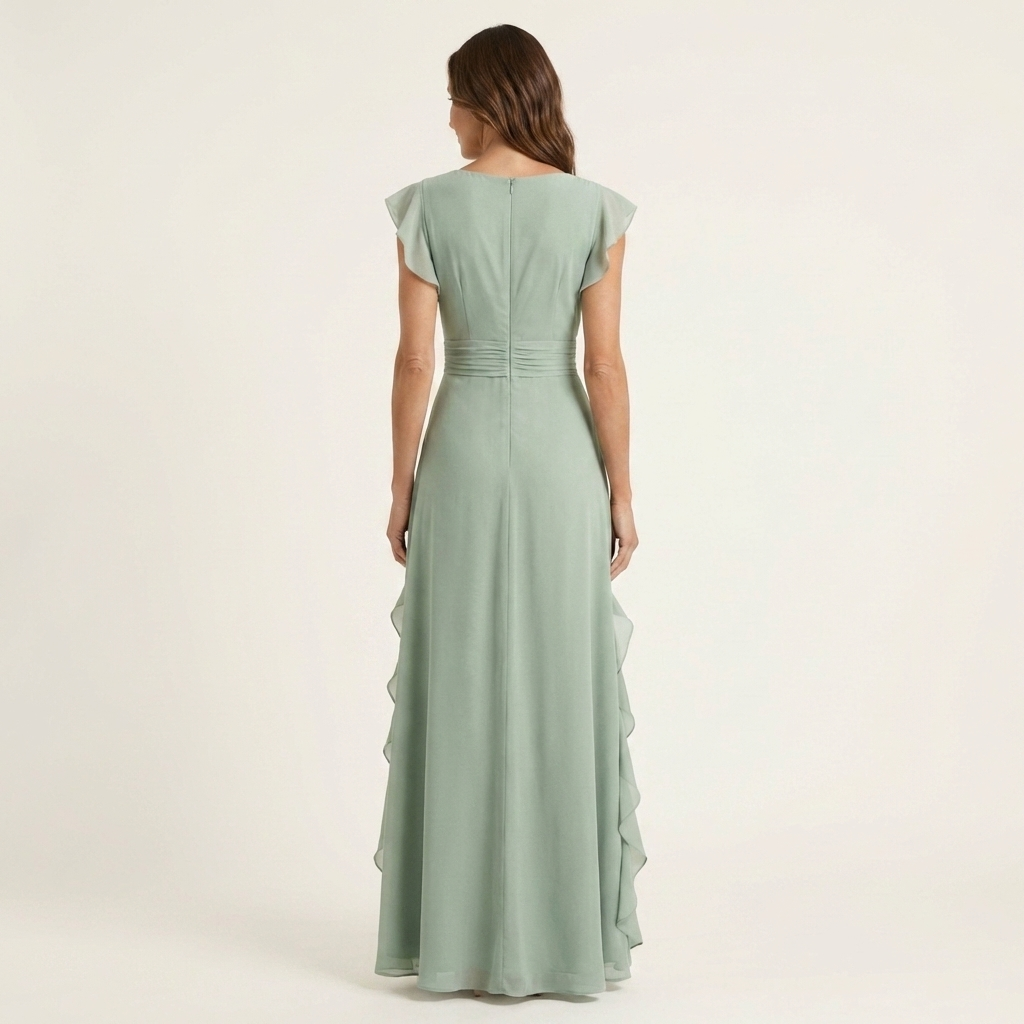 Nellyana | Maxikleid im Wickelstil mit V-Ausschnitt, flatternden Ärmeln und kaskadenförmigen Rüschen