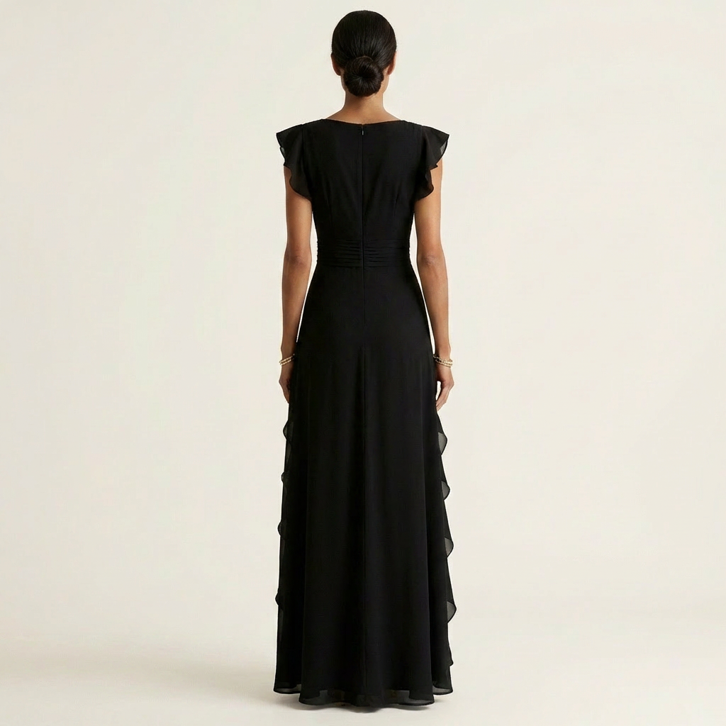 Nellyana | Maxikleid im Wickelstil mit V-Ausschnitt, flatternden Ärmeln und kaskadenförmigen Rüschen