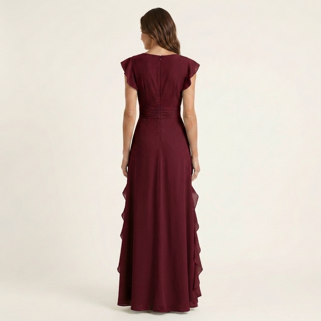 Nellyana | Maxikleid im Wickelstil mit V-Ausschnitt, flatternden Ärmeln und kaskadenförmigen Rüschen
