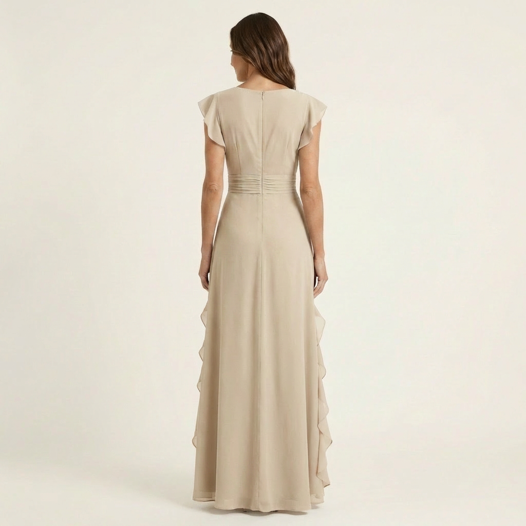 Nellyana | Maxikleid im Wickelstil mit V-Ausschnitt, flatternden Ärmeln und kaskadenförmigen Rüschen