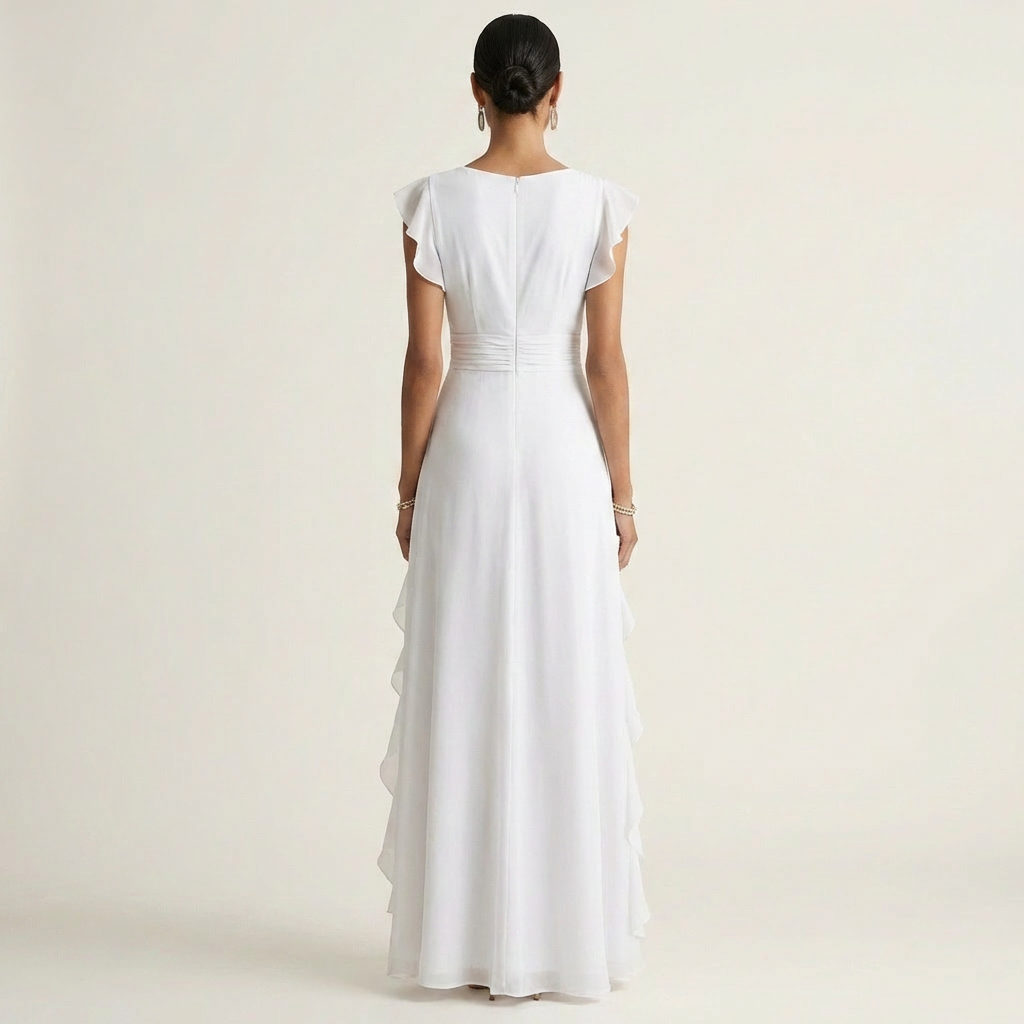 Nellyana | Maxikleid im Wickelstil mit V-Ausschnitt, flatternden Ärmeln und kaskadenförmigen Rüschen