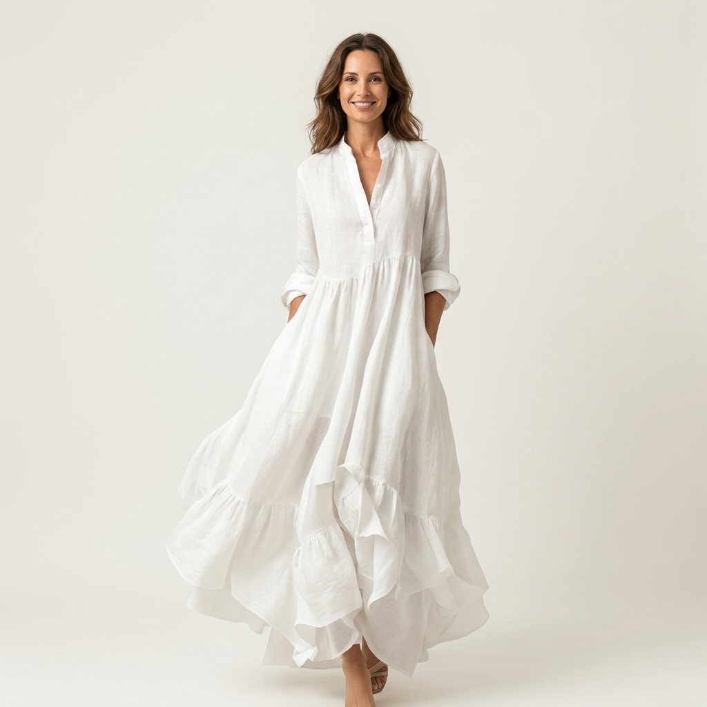 Jilana | Maxikleid mit Stehkragen, Knopfleiste vorne und Rüschen am Saum